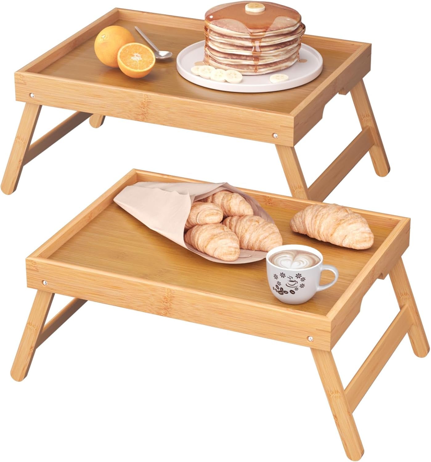 2 Pack Bamboo Bed Tray Table with Folding Legs,Breakfast Trays,Serving Tray for Food and Snack,Laptop Trays for Working(Natural)