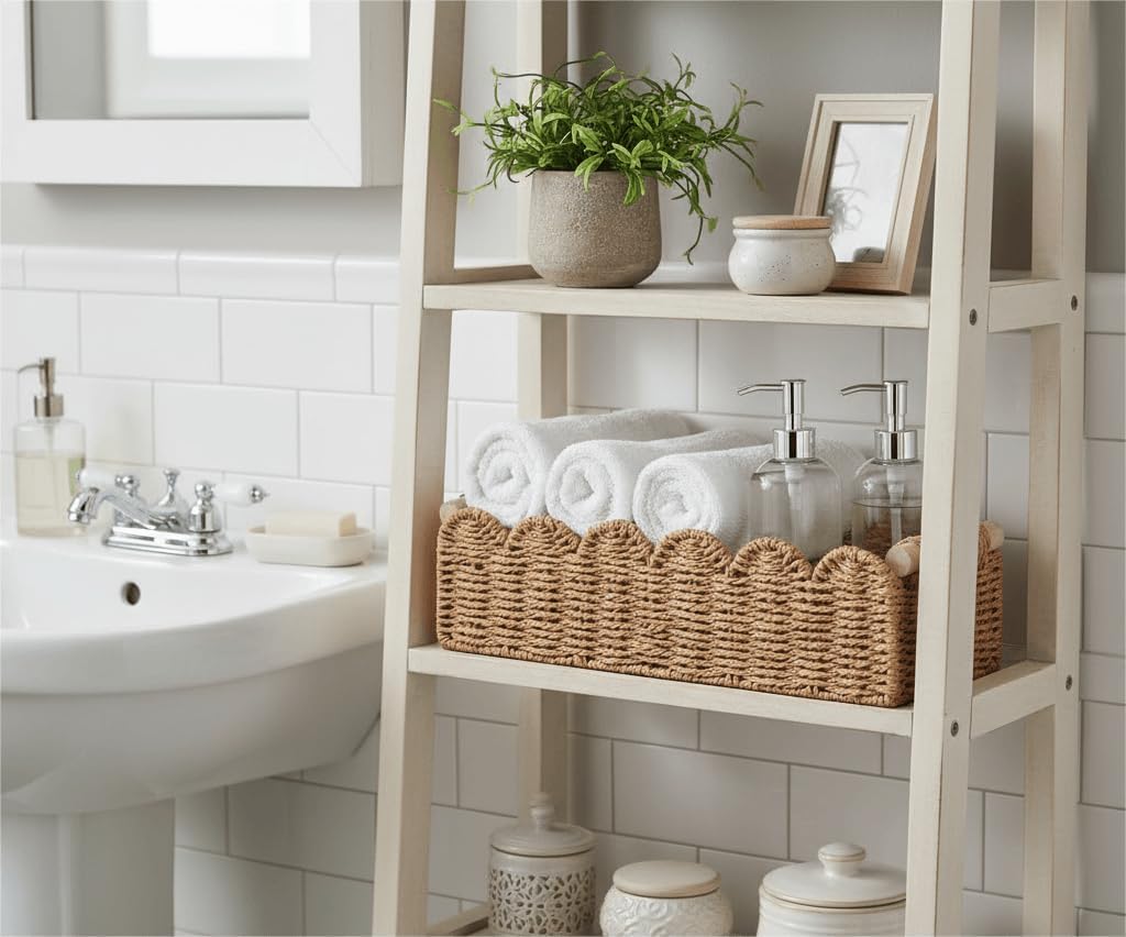 Scalloped Toilet Paper Storage Basket W/Handle for Home Decor