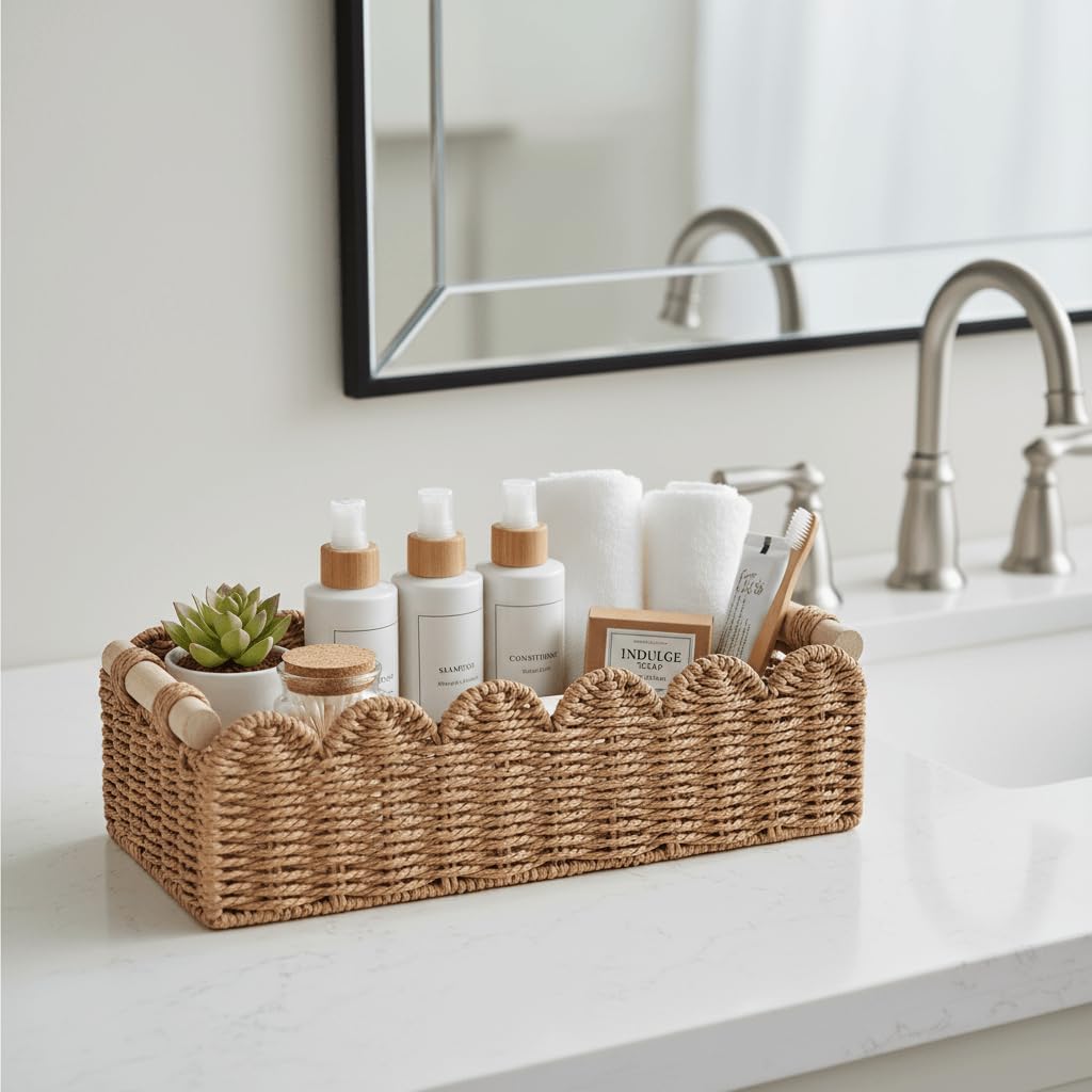 Scalloped Toilet Paper Storage Basket W/Handle for Home Decor