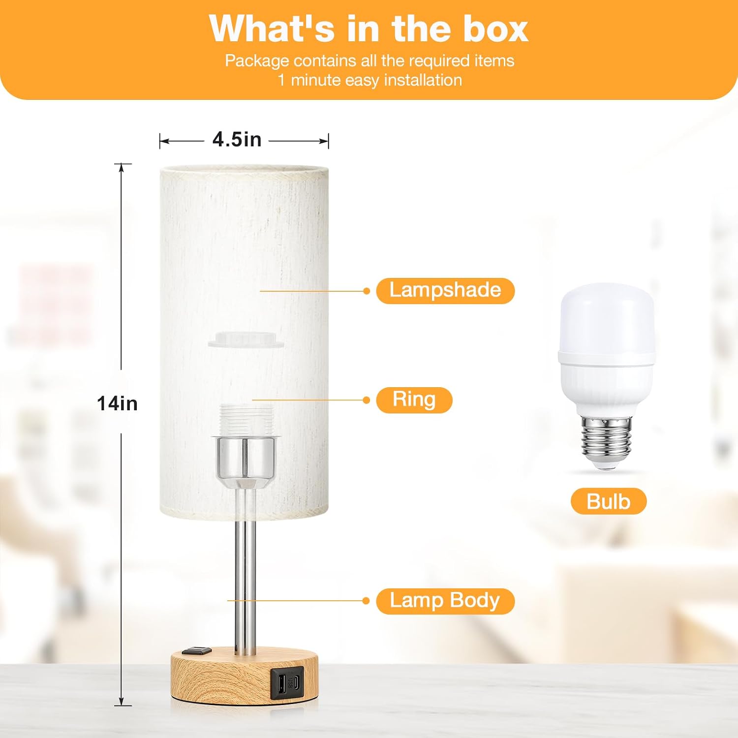 Bedside Table Lamp for Bedroom - Dimmable Touch, USB A+C, AC Outlet