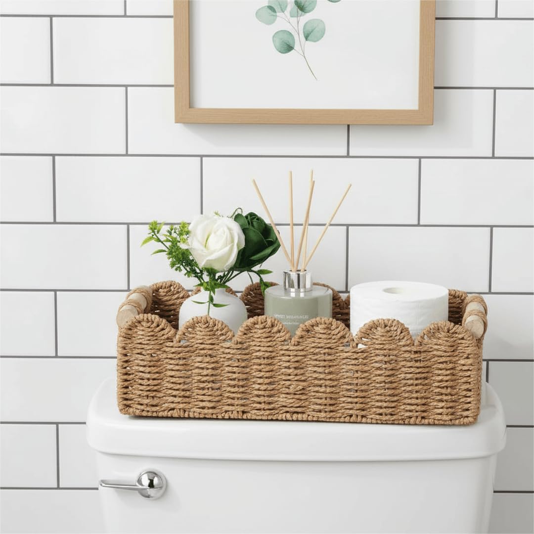 Scalloped Toilet Paper Storage Basket W/Handle for Home Decor