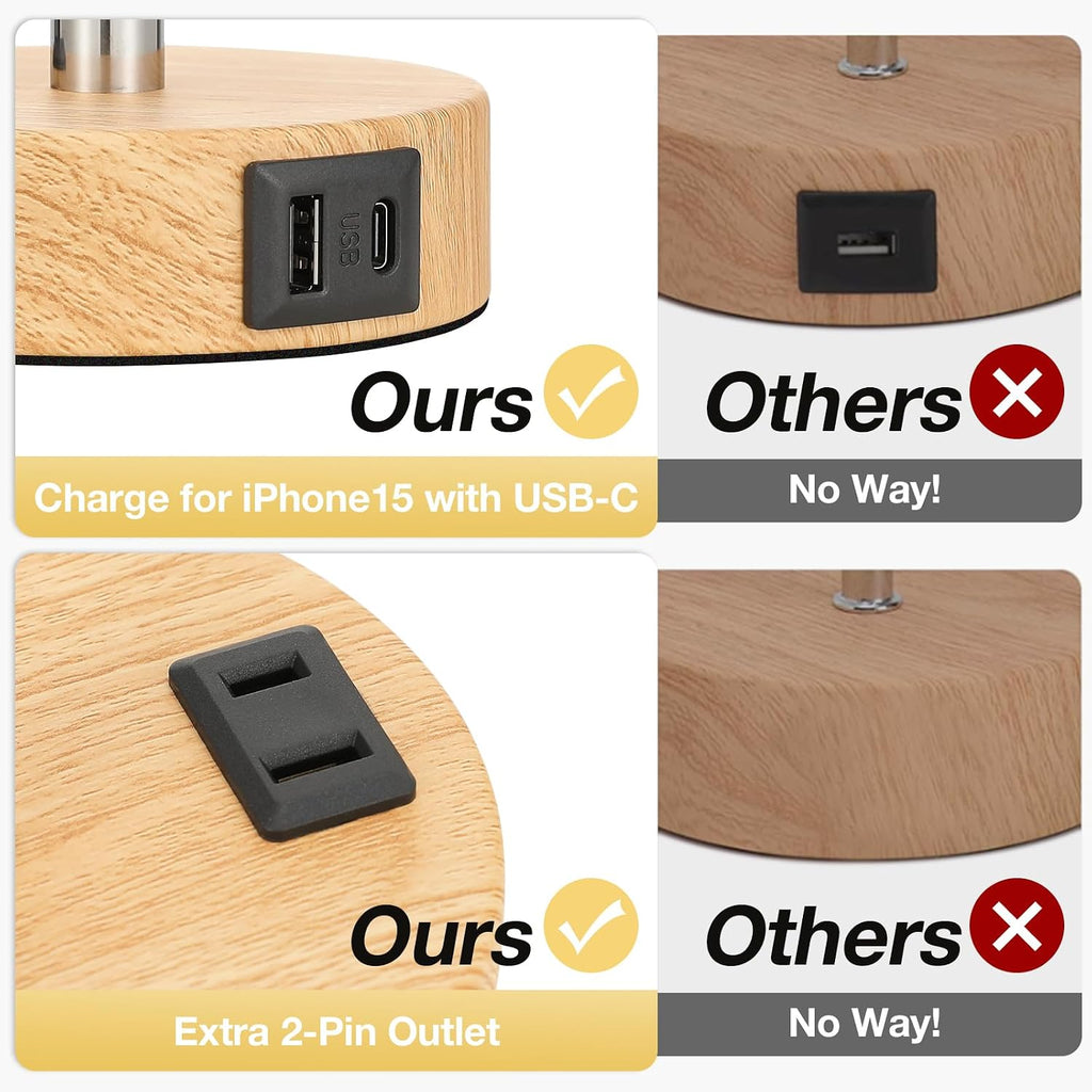Bedside Table Lamp for Bedroom - Dimmable Touch, USB A+C, AC Outlet