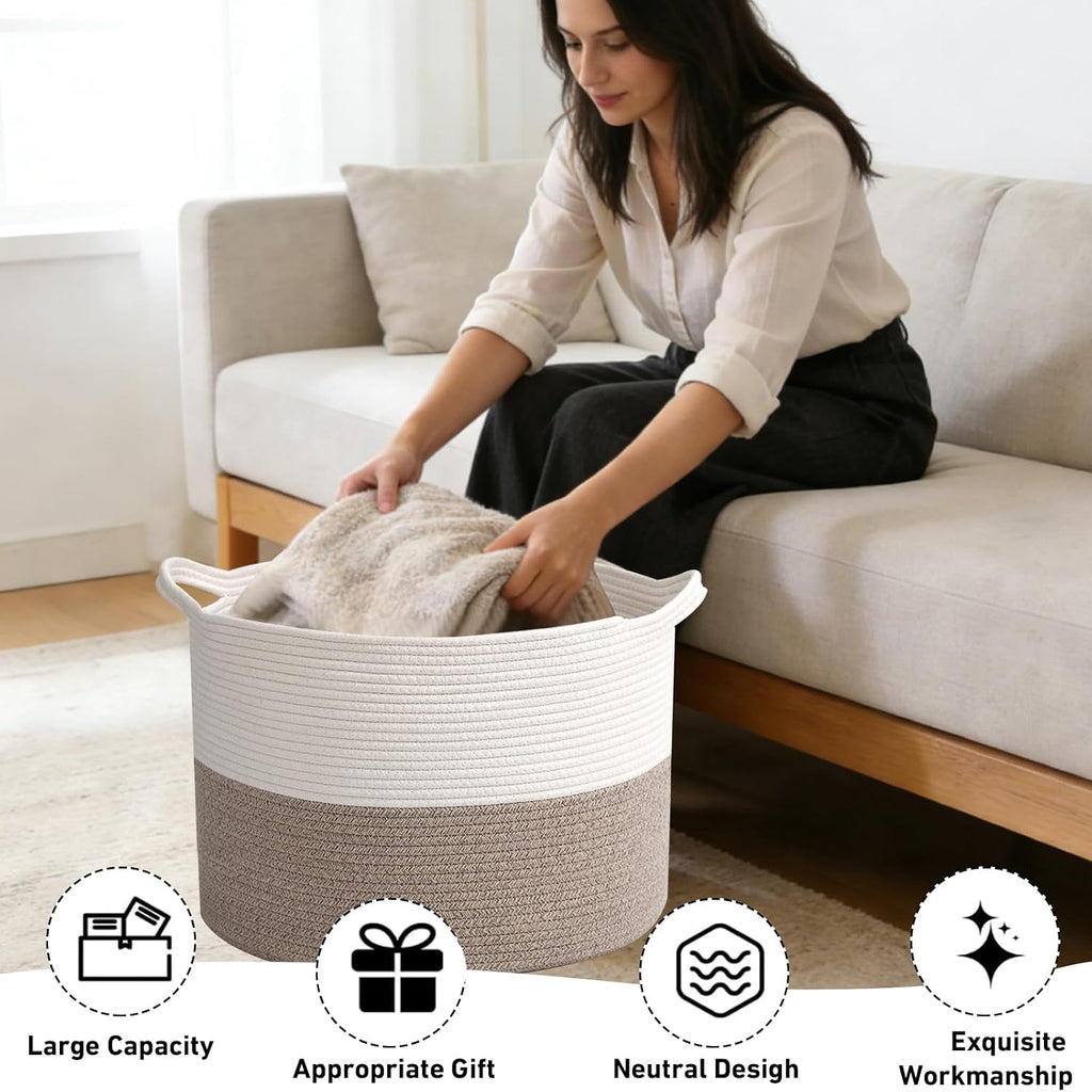 Large Woven Blanket Basket,65L Cotton Rope Laundry Basket