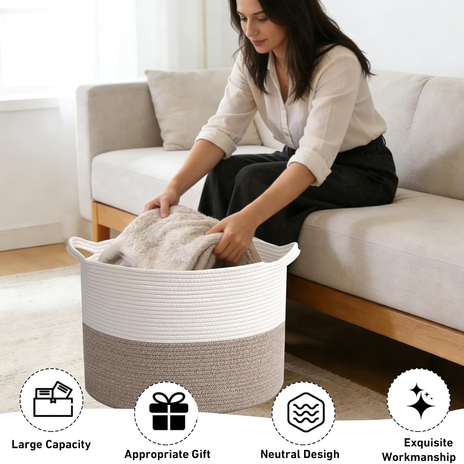 Large Woven Blanket Basket,65L Cotton Rope Laundry Basket