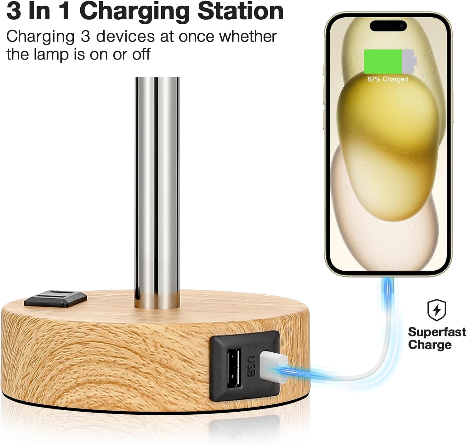 Bedside Table Lamp for Bedroom - Dimmable Touch, USB A+C, AC Outlet