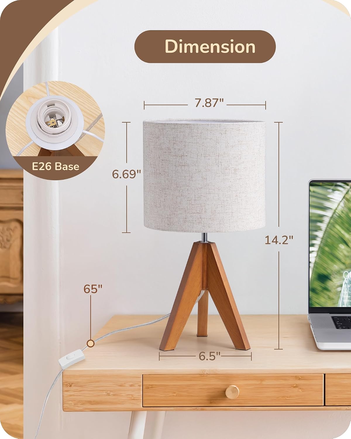 Tripod Table Lamp, Small Cute Bedside Lamp, 14.2 Inch, E26 Base