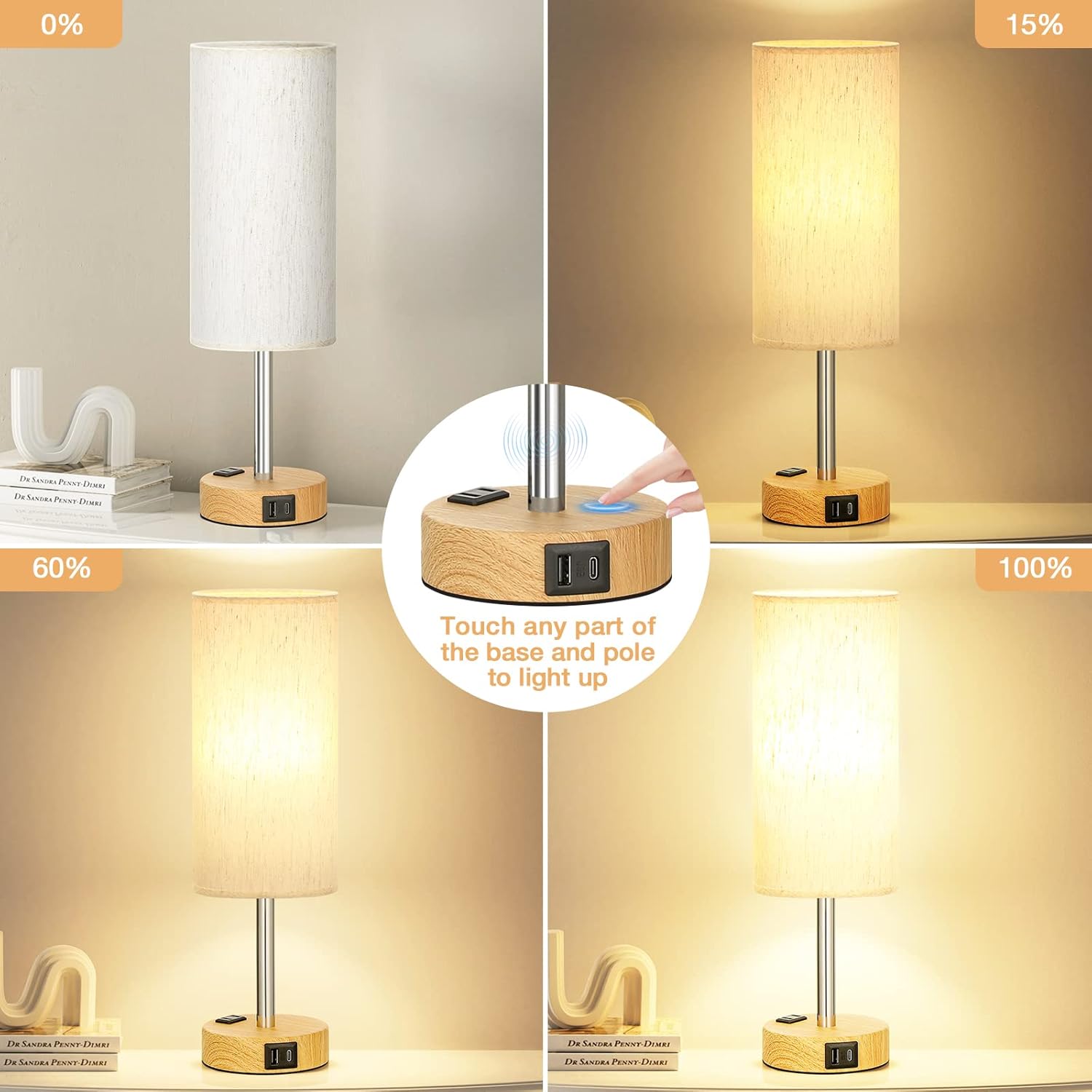 Bedside Table Lamp for Bedroom - Dimmable Touch, USB A+C, AC Outlet