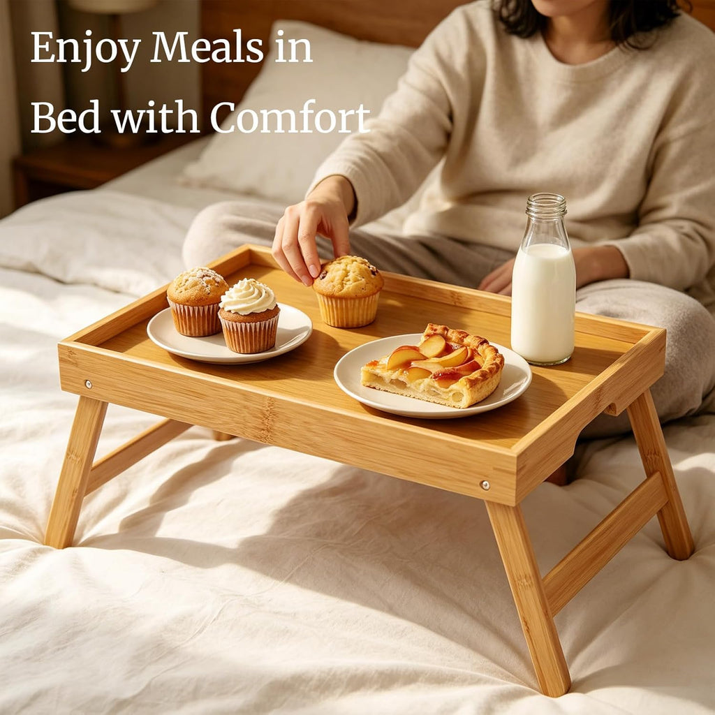 2 Pack Bamboo Bed Tray Table with Folding Legs,Breakfast Trays,Serving Tray for Food and Snack,Laptop Trays for Working(Natural)