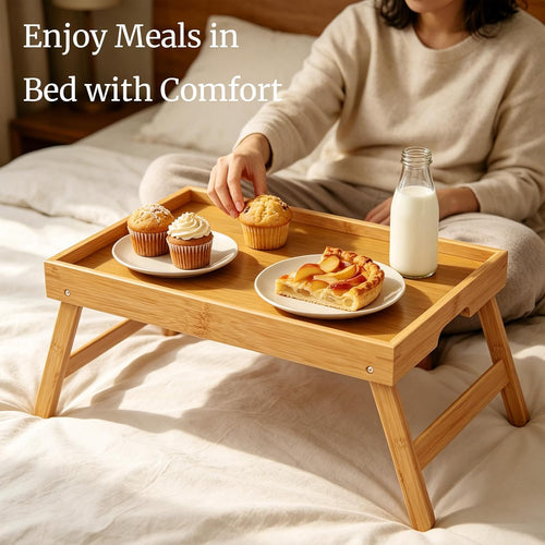 2 Pack Bamboo Bed Tray Table with Folding Legs,Breakfast Trays,Serving Tray for Food and Snack,Laptop Trays for Working(Natural)