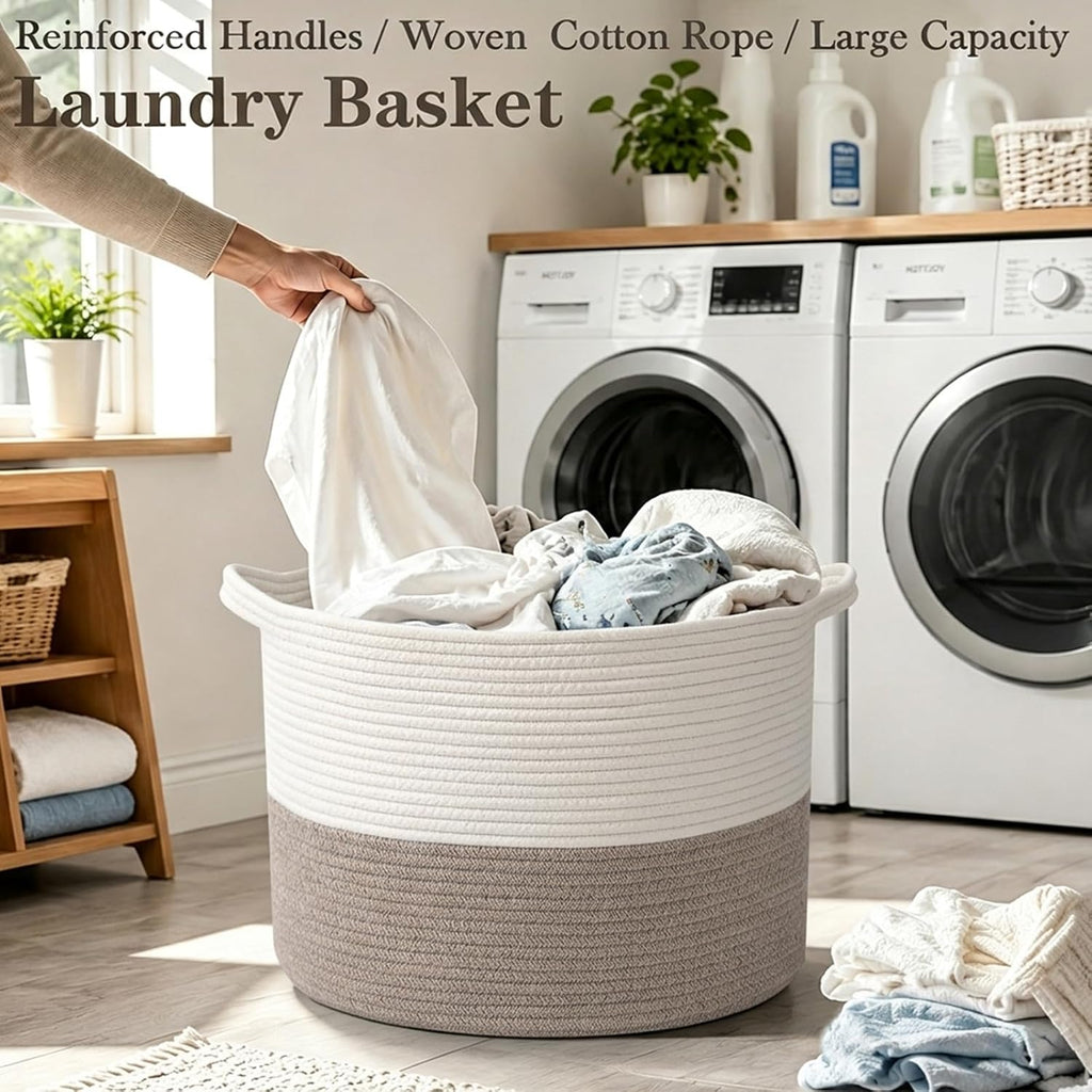 Large Woven Blanket Basket,65L Cotton Rope Laundry Basket
