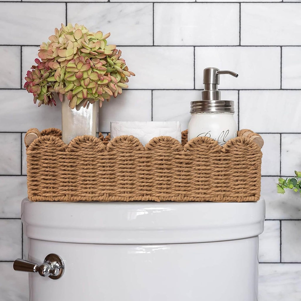 Scalloped Toilet Paper Storage Basket W/Handle for Home Decor