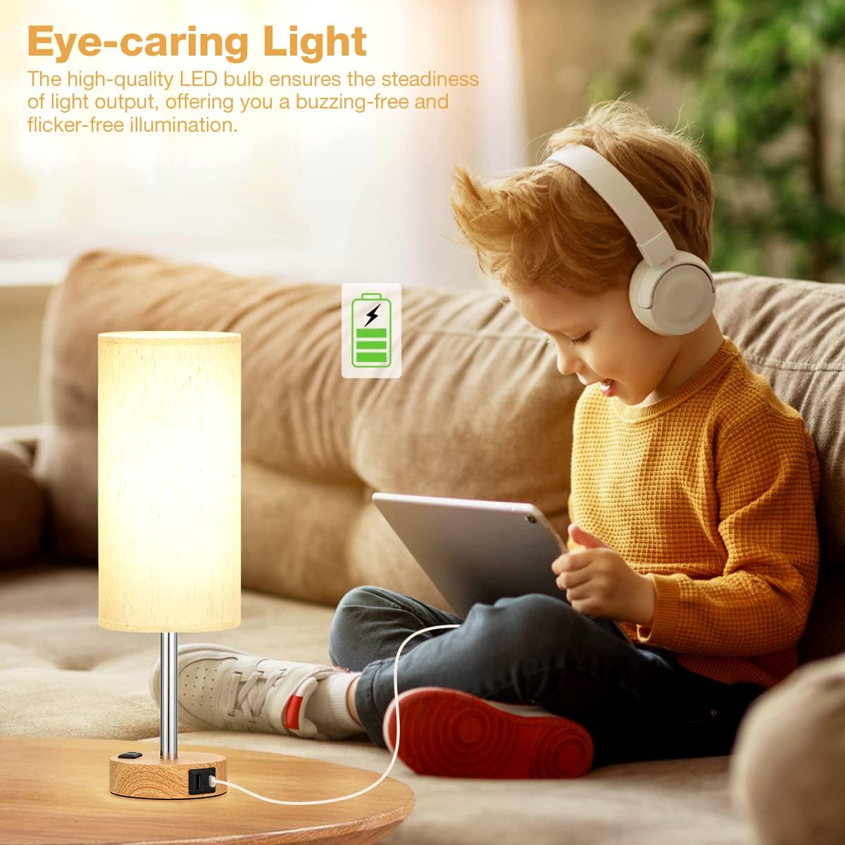 Bedside Table Lamp for Bedroom - Dimmable Touch, USB A+C, AC Outlet