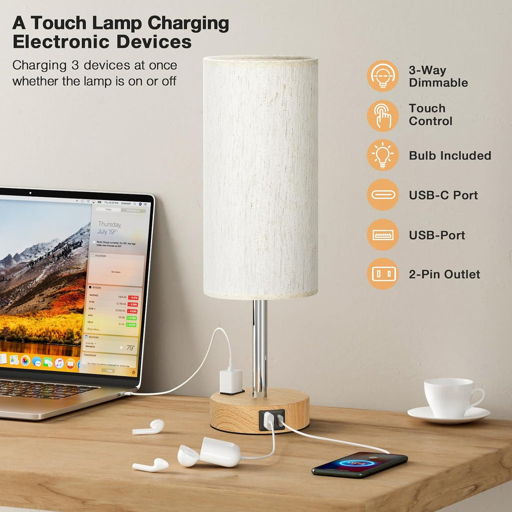 Bedside Table Lamp for Bedroom - Dimmable Touch, USB A+C, AC Outlet