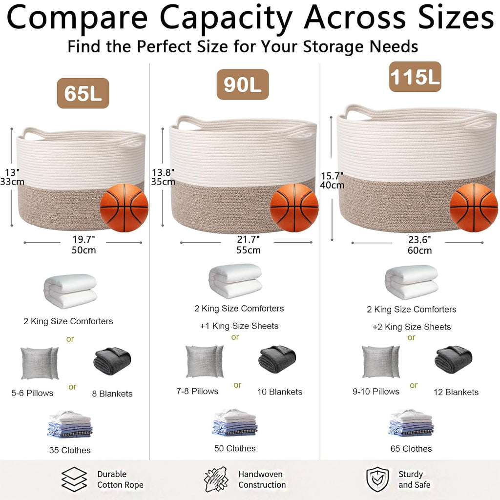 Large Woven Blanket Basket,65L Cotton Rope Laundry Basket