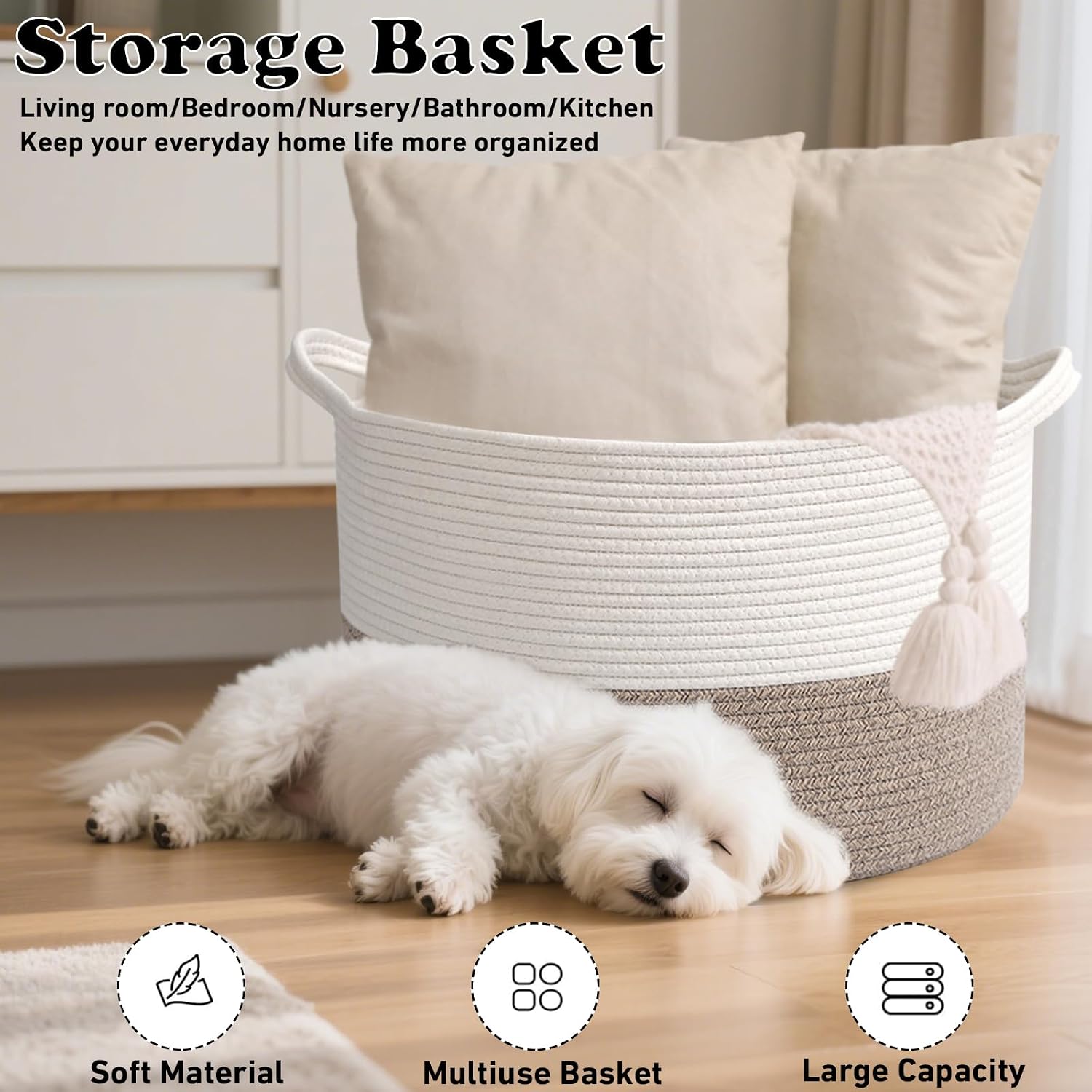 Large Woven Blanket Basket,65L Cotton Rope Laundry Basket