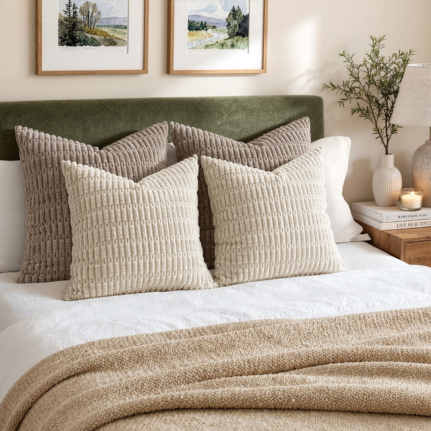 Corduroy Decorative Throw Pillow Covers 18X18 Cream White Pack of 2