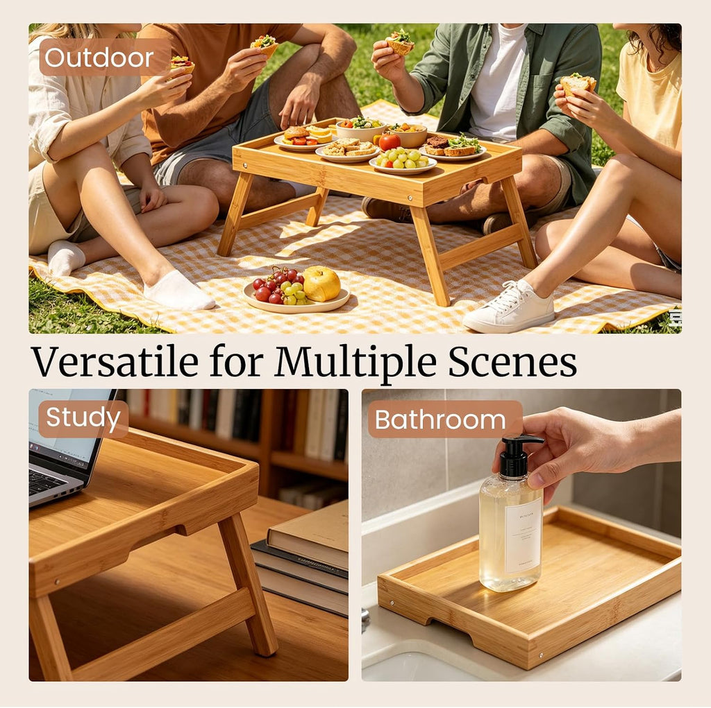 2 Pack Bamboo Bed Tray Table with Folding Legs,Breakfast Trays,Serving Tray for Food and Snack,Laptop Trays for Working(Natural)