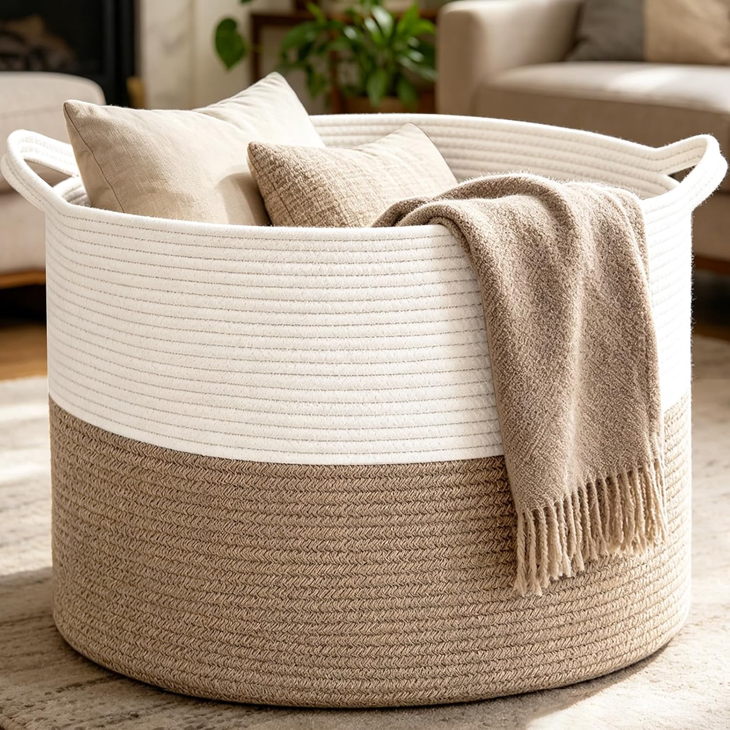 Large Woven Blanket Basket,65L Cotton Rope Laundry Basket