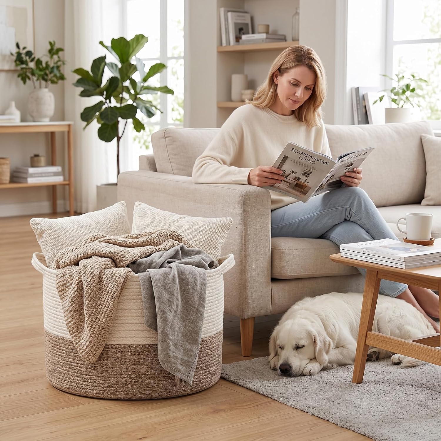 Large Woven Blanket Basket,65L Cotton Rope Laundry Basket