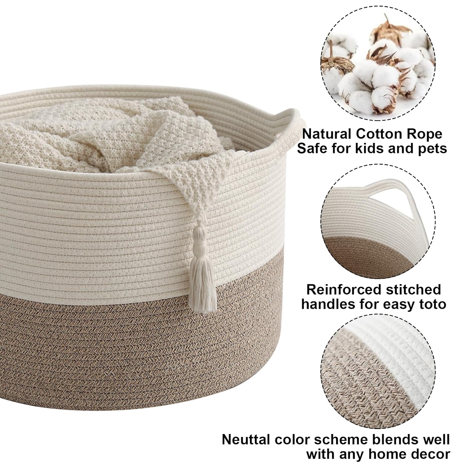 Large Woven Blanket Basket,65L Cotton Rope Laundry Basket