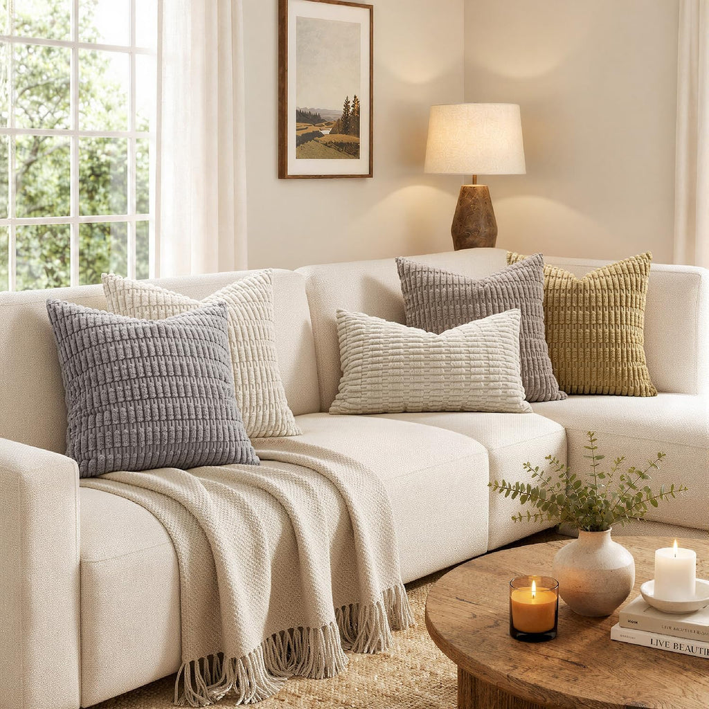 Corduroy Decorative Throw Pillow Covers 18X18 Cream White Pack of 2