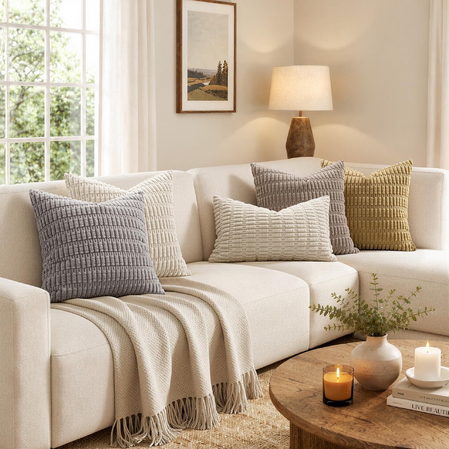 Corduroy Decorative Throw Pillow Covers 18X18 Cream White Pack of 2