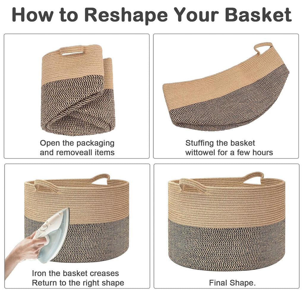 Large Woven Blanket Basket,65L Cotton Rope Laundry Basket