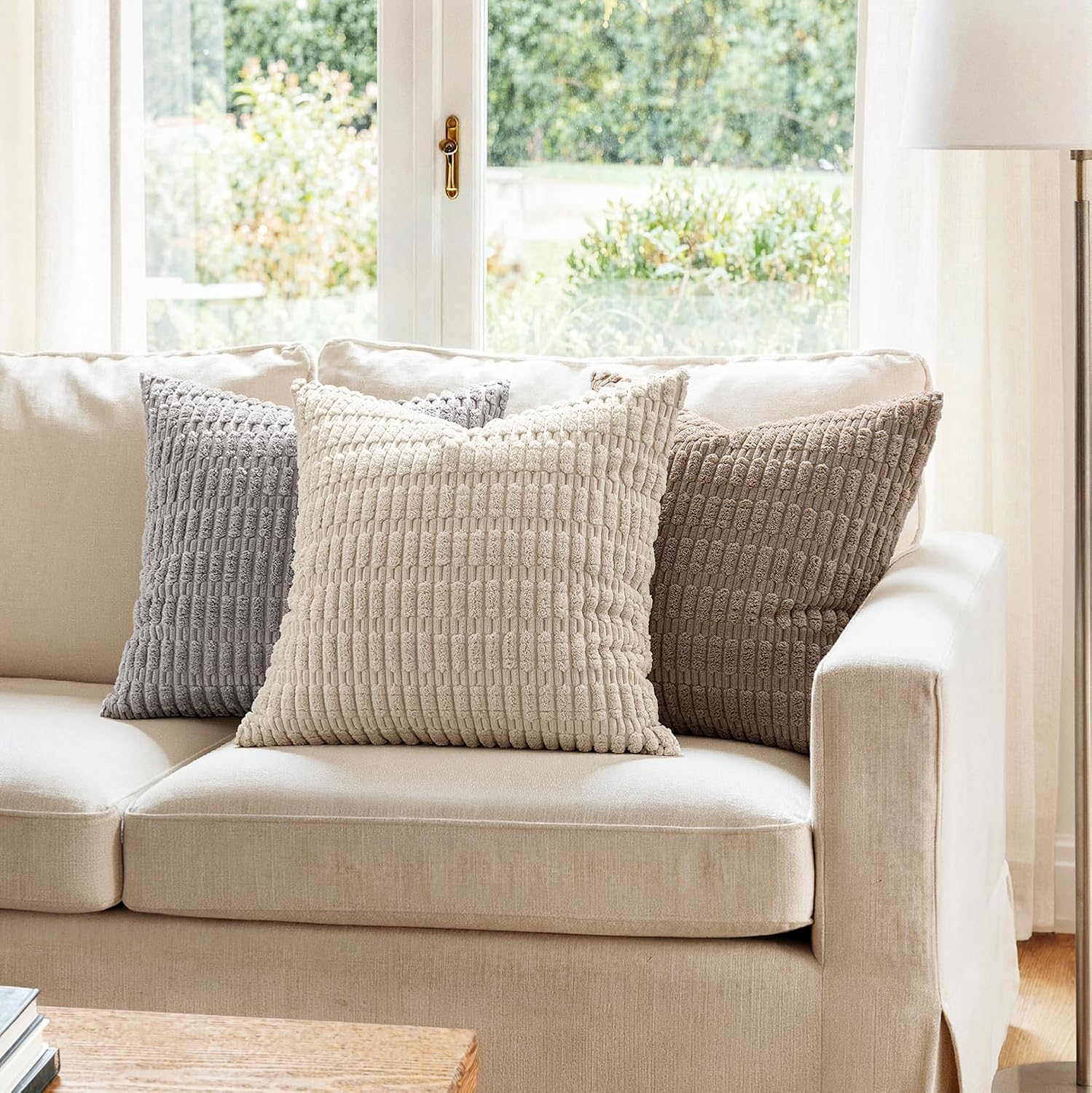 Corduroy Decorative Throw Pillow Covers 18X18 Cream White Pack of 2