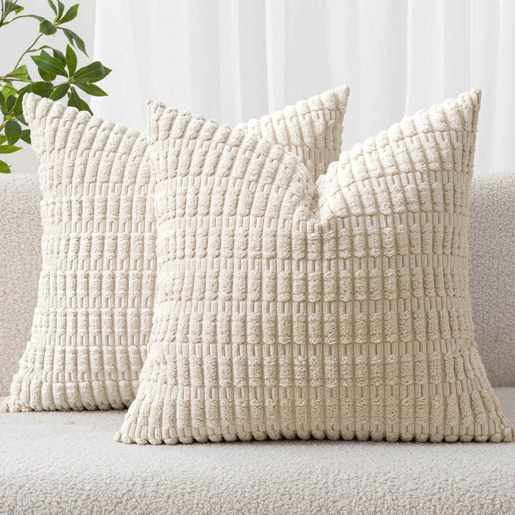 Corduroy Decorative Throw Pillow Covers 18X18 Cream White Pack of 2